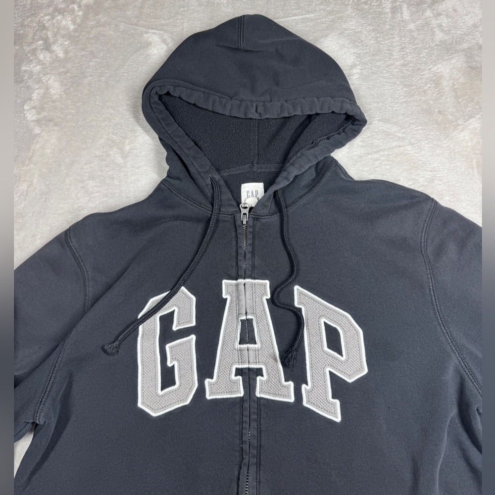 Y2K Style Gap Men’s Full Zip Logo Spellout Black Grey Hoodie Sweatshirt Medium - Picture 3 of 16